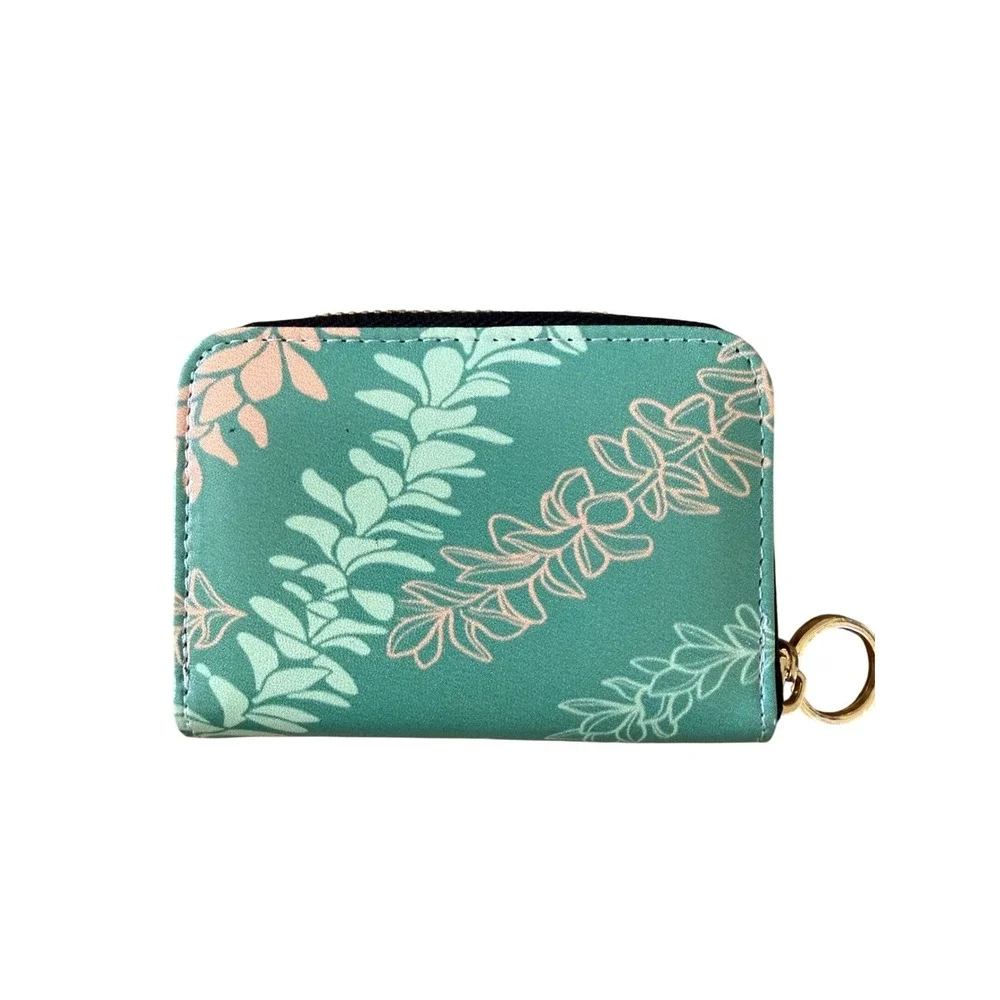 Leiohu Teal Floral Lei Accordion Card Holder Zip Around Wallet Gold Ring Pull